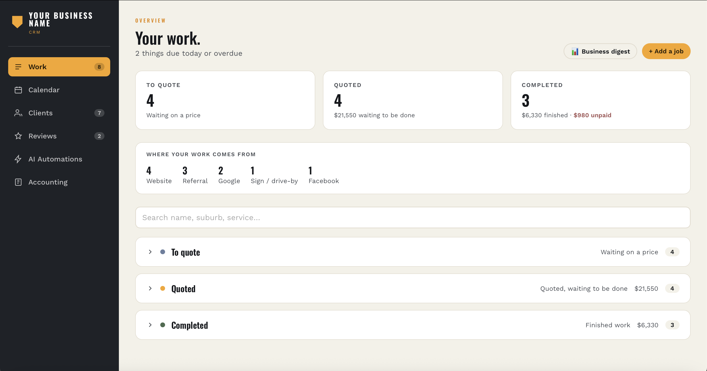 The Toolbelt Co dashboard showing jobs grouped into To quote, Quoted and Completed, with totals and where the work came from.